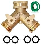 2 Way Heavy Duty Brass Garden Hose Connector Tap Splitter for Lawn and Garden - Outlet Splitter, Hose Splitter, Hose Spigot Adapter with 2 Valves, Plus 4 Extra Rubber Washers