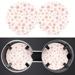 2 Pack Car Cup Holder Coaster, 2.63inch Anti Slip Insert Absorbent Ceramic Car Coaster with Cork Base and Finger Notch, Cute Car Accessories Interior for Women, Cute Car Coasters. (Pink Flowers)