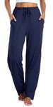 Vlazom Women's Pyjama Bottoms Soft Casual Pants Sleeping Lounge Trouser with Pockets Drawstring A-Dark Blue,M