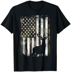 Camo US Flag Deer Elk Buck Camoflage Hunting Hunter Dad Gift Short Sleeve T-Shirt