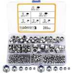 280pcs Hex Nuts, Metric Lock Nuts, Stainless Steel Nylon Insert Locking Nuts Assortment Kit, Locknuts for Lock Washers Bolts Screws - 4# (M3) 8# (M4) 10# (M5) 1/4" (M6) 5/16"(M8) 3/8" (M10)