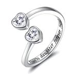 Sterling Silver Heart Cubic Zirconia Adjustable Ring Supporting Jewelry Gifts for Sisters Mother Daughter Grandma GrandDaughter Aunts (Always daughter forever friend)