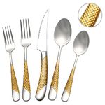 20 Piece Hammered Modern Silver Gold Silverware Set, 18/10 Stainless Steel Flatware Set, Golden Kitchen Utensil Set Service for 4, Tableware Set, Cutlery Set Including Fork Spoon and Knife
