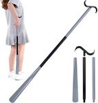 35" Long Dressing Stick with Shoe Horn with Sock Removal Tool, Adjustable Extended Dressing Aids for Shoes, Socks, Shirts and Pants Grey and Black