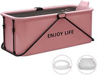 USOR 120 cm Folding Portable Bathtub Freestanding Bathtubs Foldable Collapsible tub Steaming Bath tub Home Spa for Family Adult Children Foldable Shower tub Bath with Cloth Cover and Neck Rest Pink