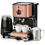 7 Pc All-in-One Espresso & Cappuccino Maker Machine Barista Bundle Set w/Built-in Steam Wand (Inc: Coffee Bean Grinder, Portafilter, Frothing Cup, Spoon w/Tamper & 2 Cups) (Rose Gold)