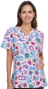 COCO BRANDS Blue's Clues Women's All Over Print, V-Neck Scrub Top with Pockets - Comfortable Work Uniform, Pink Squares, Medium