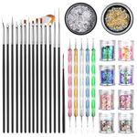 JOYJULY Professional Nail Art Supplies with 15pcs Brush Set, 5pcs Dotting Pen, 2pcs 3D nail diamonds rhinestones Kit, 8pcs Chunky Glitter Sequins for Nail Art/Body Glitter/Cosmetic Face/Hair