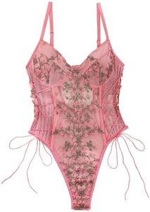 Lilosy Women Sexy Lace Up Floral Embroidered Teddy Lingerie Bodysuit Top Mesh Sheer One Piece, Dark Pink, Medium