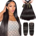 QTHAIR 10A Brazilian Virgin Hair Straight Human Hair 3 Bundles with Lace Closure(18" 20" 22" with 16") 100% Unprocessed Virgin Human Hair Weave with 4X4 Free Part Closure