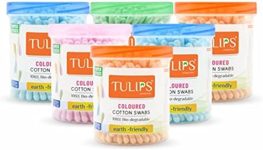 TULIPS Cotton Ear Buds/Swabs Pack of 6 (Multicolor) made of White PAPER Stick (100/200 Tips) in a Jar