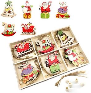 Reofrey 30 Pack Christmas Hanging Decoration, Wooden Chip Pendant Santa Claus Elk Snowman Sleigh Trojan Bell Kit Crafts, for Xmas Tree Wall Party Gift Tag DIY Decor