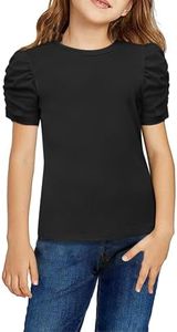 Arshiner Girl's Puff Sleeve Casual Solid T-Shirt Girls Dress Shirt Summer Plain Blouse Tops Black 11-12 Years