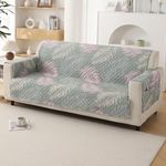 HOKIPO Polyester 3 Seater Quilted Sofa Cover with Pockets, Tropical Leaves Pastel Green (IN-742-D1)