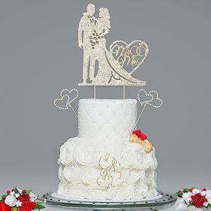 Spiareal 4 Pcs Wedding Cake Topper Mr and Mrs Rhinestone Bride and Groom Love Cake Topper Metal Happy Engagement Anniversary Cake Topper Wedding Party Cake Decor Cake Topper for Bridal Shower(Gold)