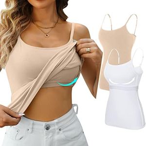 V FOR CITY Camisoles for Women with Shelf Bra Adjustable Spaghetti Strap Tank Top Cotton Shelf Bra Cami Yoga Shirts 2 Pack White/Beige