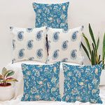 STITCHNEST Floral Decorative Blue and White Printed Canvas Cotton Square Cushion Covers, Set of 5 (12 x 12 Inches)