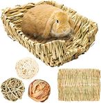 Rabbit Grass Bed, Hand-Made Guinea Pig Natural Straw Woven Grass Bed Sleeping Pad Bunny Chew Toys Hay Mat with Grass Balls for Rabbit Hamster Gerbil Chinchilla Guinea Pig Mice (L)