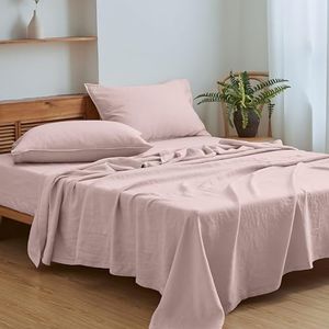 Simple&Opulence 100% Linen Sheets Queen Size Set, 4 Pcs Natural French Linen Bed Sheets, Breathable Soft Durable Bedding Set for All Season (Blush Pink, Queen)