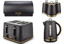 Tower Empire 1.7L 3KW Jug Kettle, 4 Slice 1600W Toaster, Bread Bin & Set of 3 Tea, Coffee & Sugar Canisters. Kitchen Set of 6 in Black with Brass Accents