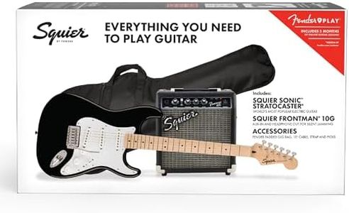 Squier by Fender Electric Guitar Kit, with 2-Year Warranty, Sonic Stratocaster, Maple Fingerboard, Black, Poplar Body, Maple Neck, with Padded Guitar Bag, Frontman 10G Amp, Guitar Strap, and More