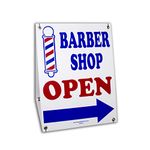 BARBER SHOP OPEN Sign w/Directional Left Right Arrow 2-Sided Red White Blue Plastic Frames Sandwich Board Kit Grommets & Zip Ties Included! (24x18)