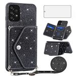 Asuwish Phone Case for Samsung Galaxy A53 5G Wallet Cover with Tempered Glass Screen Protector and Crossbody Strap Lanyard Bling Glitter Credit Card Holder Stand A 53 G5 53A SM A536U 6.5" 2022 Black