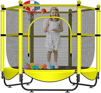 60" Trampoline for Kids - 5 FT Indoor & Outdoor Toddler Recreational Trampolines with Net, Yellow Small Trampoline with Safety Enclosure, Mini Basketball Hoop, Birthday Gifts for Kids, Boy and Girl