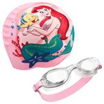 Disney Children's Swimming Goggles and Swimming Cap Set Anti-Fog UV Protection (Pink Ariel, 3-6 Years)