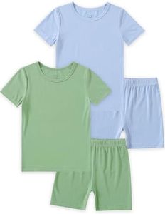 JunNeng Bamboo Viscose Toddler Pajamas,Baby Boy Girl Solid Snug Fit Short Sleeve Summer Sleepwear PJS,Green+Blue 6-7 Years
