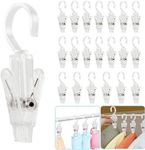 VinBee 20 PCS Laundry Hooks with Clips Super Strong Plastic Home Travel Swivel Hanging Hanger Closet Organizer Clamps Socks Boot Bras Towels for Bathroom Wardrobe Kitchen Office - 4.3 Inches (Clear)