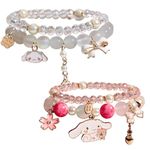 GWAWG 2 sets Crystal Bead Bracelet,Lovely Beige Cartoon Crystal Beads Elastic Bracelet, Lovely Cartoon Jade Dog Jewelry for Women (Pink and beige)