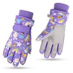 Waterproof Kids Winter Gloves Cartoon Boys Girls Snow Mittens Warm Outdoor Ski Gloves with Fleece Lining (Purple, 4-6 Years)