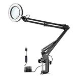 LED Magnifying Lamp,Adjustable 10X Magnifier Desk Lamp with 3 Colors 4.13" Diameter Glass USB Magnifying Lamp with Adjustable Swivel Arm (Black)