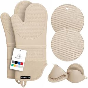 Rorecay Extra Long Oven Mitts and Pot Holders Sets: Heat Resistant Silicone Oven Mittens with Mini Oven Gloves Hot Pads Potholders for Kitchen Baking Cooking, Quilted Liner, Pack of 6 (Milkshake)