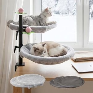 Double Cat Desk Bed, 360° Rotating & Adjustable Desk Mount with Soft Faux Fur & Breathable Mesh Accessories, Ergonomic Cat Perch for Remote Workers,Gamers, and Office Staff - Supports up to 44 lbs