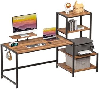 GreenForest Office Desk 58 inch with Printer Shelf, Reversible Computer Desk with Movable Monitor Stand and 2 Hooks,Home Workstation for Study Writing Working Gaming, Brown