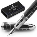 Wordsworth & Black Majesti Fountain Pen-(Checked), Luxury Case, Chrome Finish, Iridium Medium Nib- Ink Cartridges, Refillable Ink Converter-Calligraphy Pen-Best Business Gift Set for Men & Women