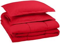 Amazon Basics Easy Wash Microfiber Kid's 3 Piece Comforter and Pillow Sham Set, Full/Queen, Red, Solid