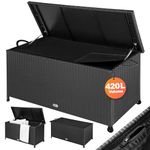 CASARIA® 420 Litre Polyrattan Garden Storage Box with Wheels | Waterproof UV Resistant | Inner Lining | 122x56x61cm Patio Furniture Cushion Chest with Gas Pressure Lift Lid | Black