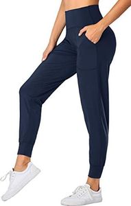 Oalka Women's Joggers High Waist Yoga Pockets Sweatpants Sport Workout Pants, Navy Blue, Medium