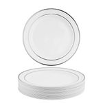 MATANA 25 Premium White Plastic Dinner Plates with Silver Rim, 26cm / 10 Inch - Elegant & Reusable Party Plates for Weddings, Birthdays, Picnic, BBQ, Parties