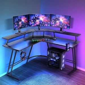 Furb L Shaped Corner Desk, Computer Desk with Monitor Shelf, Carbon Fiber Gaming Desk with LED Light, Computer Workstation for Office Room, Bedroom, Study Room, 130x130cm, Black