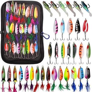 Fishing Lures Spinner Kits Waterproof Carry Bags Treble Fishing Hooks Spinnerbait Metal Spoons Lure Trout Bass Salmon Walleye Spinner Baits Lead Fishing Soft Lures for Saltwater Freshwater(33pcs with Carry Bag)