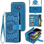 Asuwish Phone Case for Samsung Galaxy Note 9 Zipper Wallet Magnetic Detachable Cell Cover with Screen Protector Crossbody Lanyard Strap Flower Flip Card Holder Slot Note9 Not S9 Women Men Blue