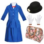 Girls Magical Victorian Nanny Costume for Girls - Small - Blue Jacket & Skirt, Black Bowler Hat, White Gloves, Carpet Bag - Kids World Book Day/Book Week Character Fancy Dress Costume