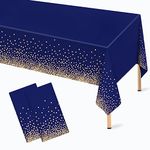 2 Pcs Navy Blue and Gold Plastic Tablecloth for Rectangle Table, 54 × 108 inches Disposable Gold Dot Dark Blue Party Table Covers for Anniversary, Wedding, Fine Dining, Graduation Party Decoration