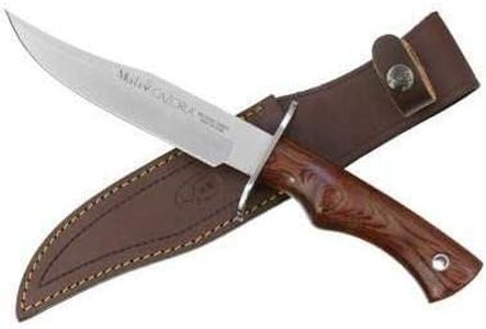 Muela Cuchillo de caza Cazorla CAZ-16R con hoja de acero inoxidable MoVa y empuñadura de madera rosewood para Caza, Pesca, Supervivencia y Bushcraft + Portabotellas de regalo