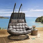 Hindoro Rattan Wicker Wrought and Cast Iron Outdoor Balcony Furniture Double Seater Swing Chair with Stand and Grey Cushion for Adults & Kids [Black]