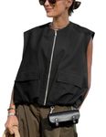 Yimoon Women’s Oversized Zip Up Cargo Vest Casual Ruched Hem Sleeveless Blazer Jackets Vest Top with Pockets, Black, Medium